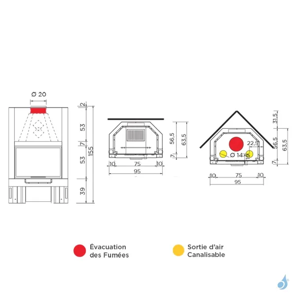 Foyer à Bois Canalisable EK63 Firek 1 Puissance 15.2kW Sortie Ø 20cm – Image 2