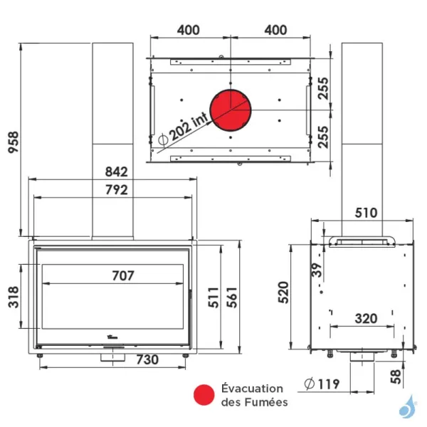 Insert à Bois Lacunza Nickel 800 Puissance 15.0kW Double Face Structure Acier Sortie Fumée Supérieure Ø20 Cm – Image 4