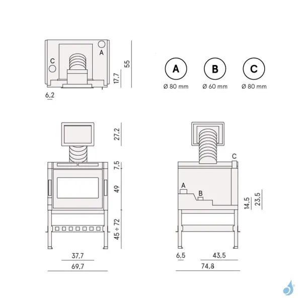 Insert à Granulés étanche CADEL Zefiro 9 Air Ventilé Puissance 9.3kW WiFi Sortie Fumée Supérieure – Image 5