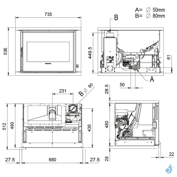 Insert à Granulés Ventilé Extraflame Comfort P70 H49 5.0 Puissance 8.0kW Sortie Fumée Supérieure – Image 2