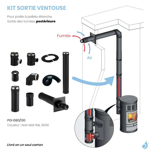 Kit Ventouse Poujoulat KSHN 80 PGI Pour Poêle à Granulés étanche Raccordement Arrière PGI Ø80/130 Sortie Fumée Postérieure – Image 3