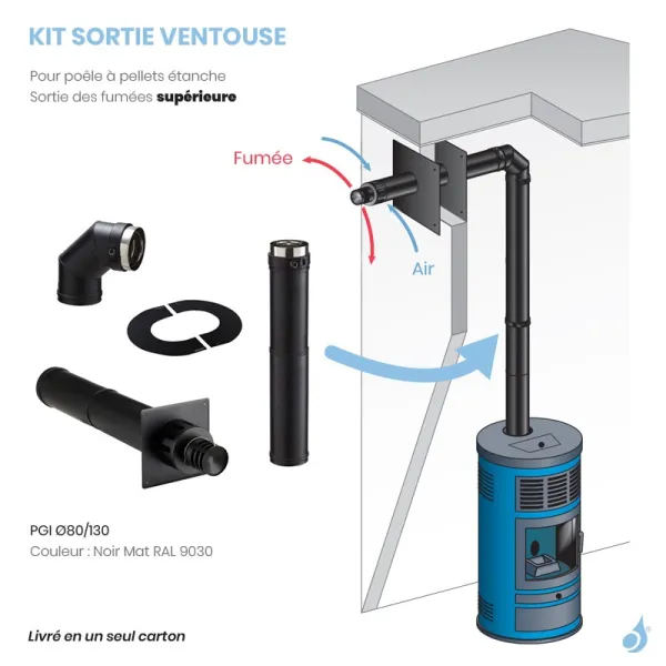 Kit Ventouse Poujoulat KSRCN 80 PGI Pour Poêle à Granulés Départ Raccordement Dessus PGI Ø80/130 Sortie Fumée Supérieure – Image 3