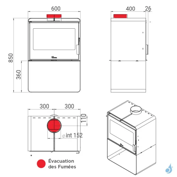 Poêle à Bois Lacunza Atlantic 603 Puissance 12kW Structure Acier Sortie Fumée Supérieure Ø15 Cm – Image 3