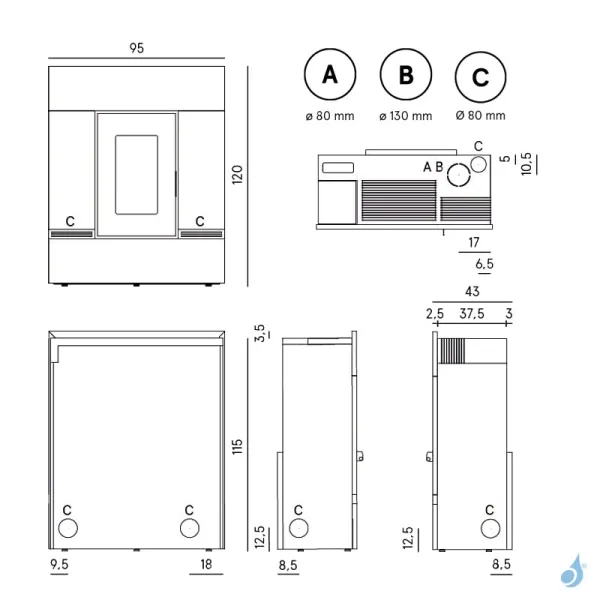 Poêle à Granulés Canalisable CADEL Mithos Plus 12 Up-Twin Puissance 12kW WiFi Sortie Fumée Coaxiale Ø8/13 Cm – Image 2