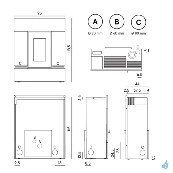 Poêle à Granulés Canalisable CADEL Mithos Plus 14 Ps Puissance 14kW WiFi Sortie Fumée Postérieure – Image 2
