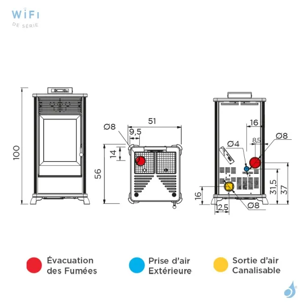 Poêle à Granulés Canalisable EK63 Maison80+ Puissance 8kW Sortie Fumée Postérieure Ou Supérieure Ø8cm – Image 2