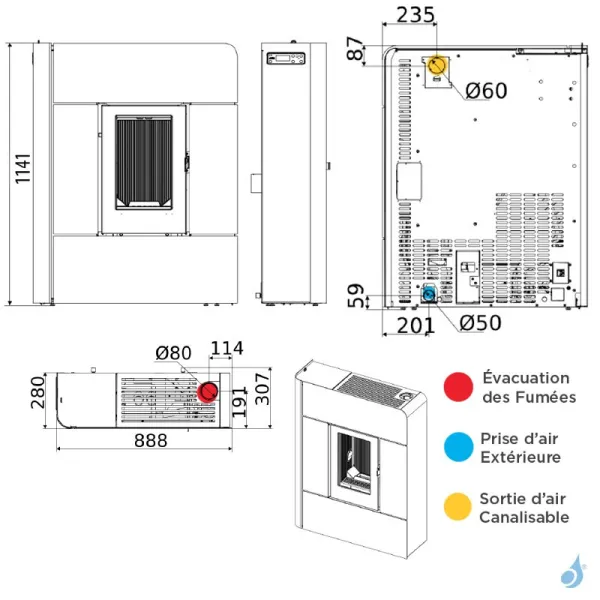 Poêle à Granulés Canalisable MCZ Raam Comfort Air 8 UP Puissance 7.80kW Sortie Fumée Supérieure – Image 2