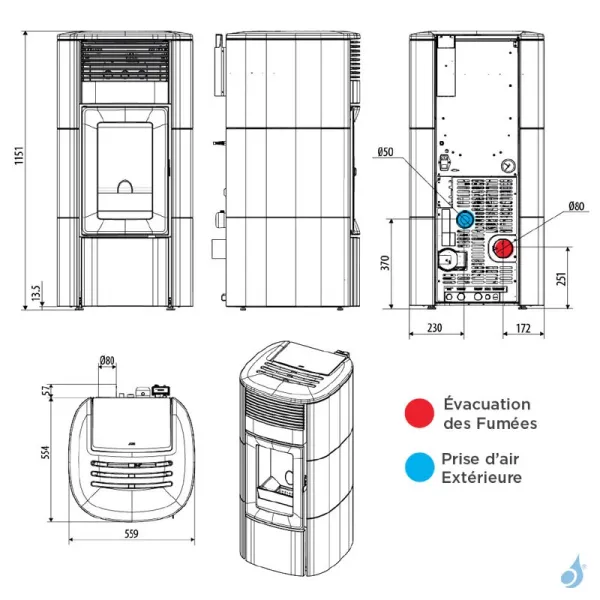 Poêle à Granulés étanche MCZ Club Hydro Matic 24 R Puissance 24.2kW Sortie Fumée Postérieure – Image 2